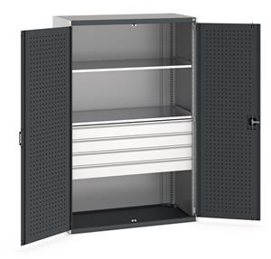 Bott cubio kitted cupboard with lockable steel perfo lined doors 1050mm wide x 650mm deep x 2000mm high.  Supplied with 4 x 125mm high drawers and 2 x metal shelves.   Drawer capacity 75kgs, shelf capacity 160kgs. ... 1300mm Wide Industrial Tool Cupboards